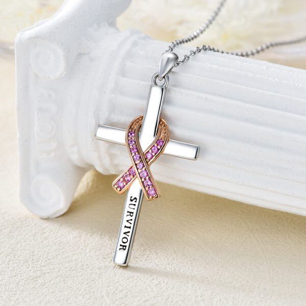 Sterling Silver Awareness Survivor Cross Pendant Necklace-4