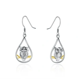 Sterling Silver Owl Drop Earrings-0