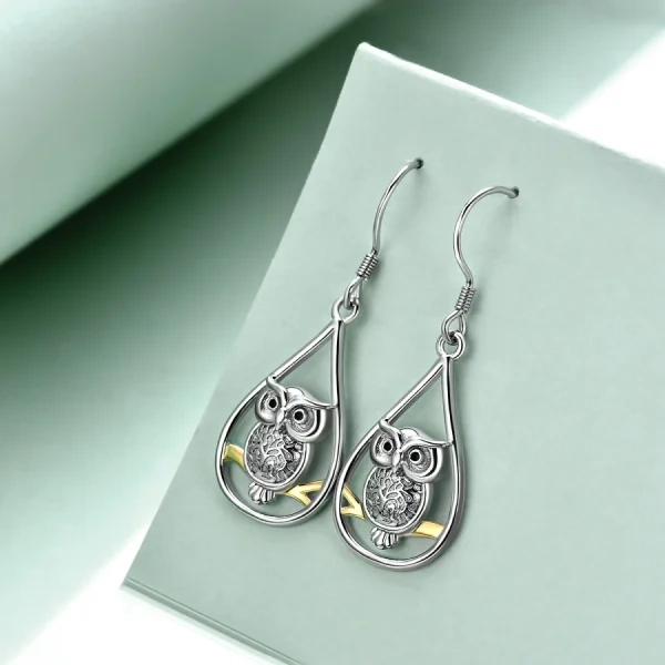 Sterling Silver Owl Drop Earrings-3