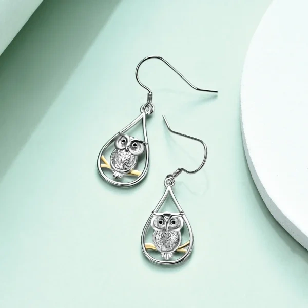 Sterling Silver Owl Drop Earrings-4