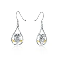 wholesale 925 Sterling Silver Owl Teardrop Dangle Earrings with Gold Accents- Two Tone