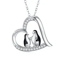 wholesale 925 Sterling Silver Heart-Shaped Mother & Baby Penguin Pendant Necklace for Women and Teen Girls - Valentines Day Gift- Rhodium Plated