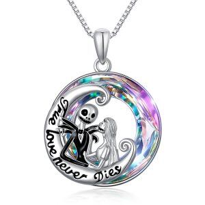 Sterling Silver Jack and Sally Pendant Necklace With Purple Crystal Circle-0