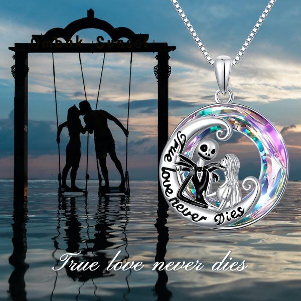 Sterling Silver Jack and Sally Pendant Necklace With Purple Crystal Circle-2