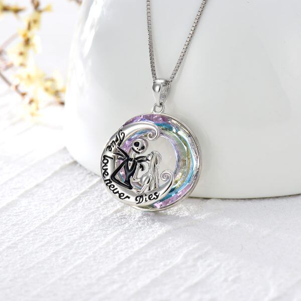 Sterling Silver Jack and Sally Pendant Necklace With Purple Crystal Circle-4