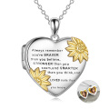 wholesale 925 Sterling Silver Heart-Shaped Photo Locket with Gold Sunflowers and Engraved Message Braver than you believe - Inspirational Jewelry for Women-0-0
