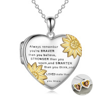 wholesale 925 Sterling Silver Heart-Shaped Photo Locket with Gold Sunflowers and Engraved Message Braver than you believe - Inspirational Jewelry for Women- Two Tone