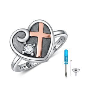 Sterling Silver Oxidized Heart Cross Urn Ring With Crystal-0