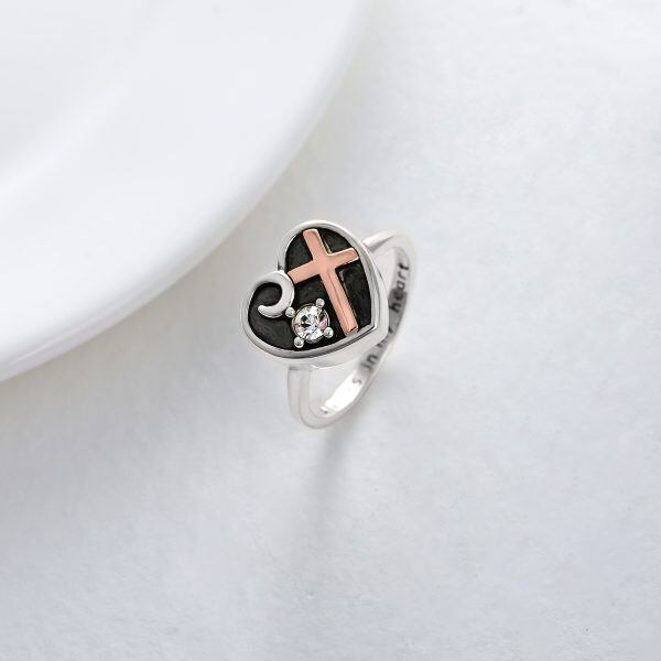 Sterling Silver Oxidized Heart Cross Urn Ring With Crystal-4