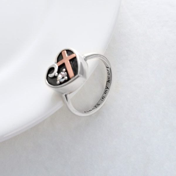 Sterling Silver Oxidized Heart Cross Urn Ring With Crystal-5