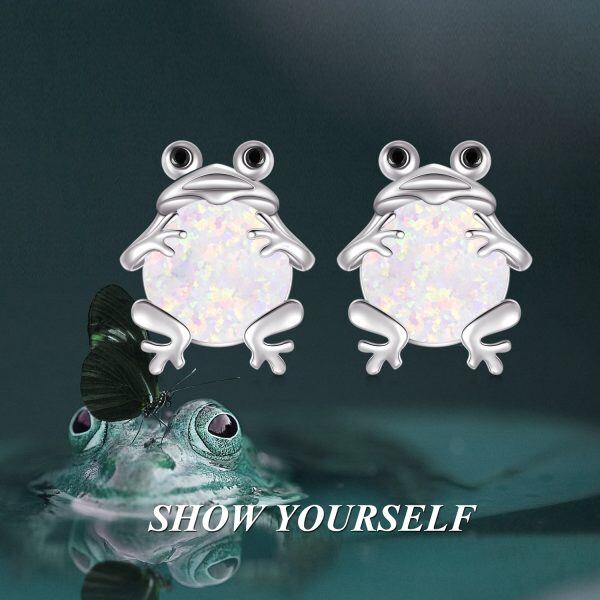 Sterling Silver Opal Frog Stud Earrings-2