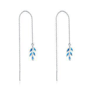 Sterling Silver Blue Opal Tree Leaves Threader Dangle Drop Earrings-0