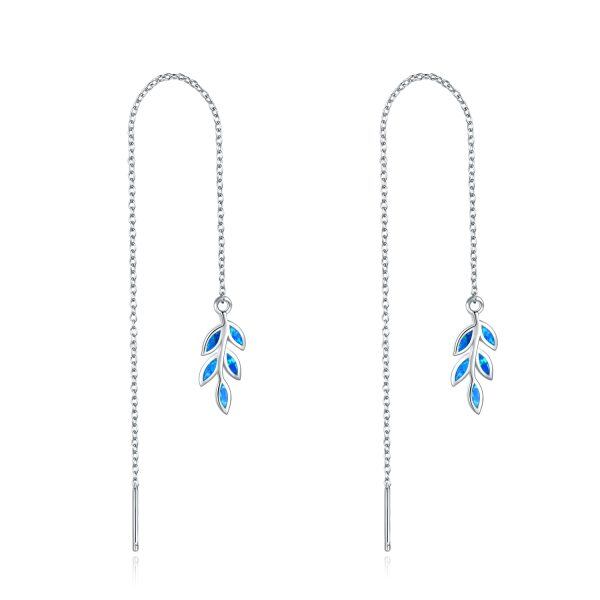 Sterling Silver Blue Opal Tree Leaves Threader Dangle Drop Earrings-0