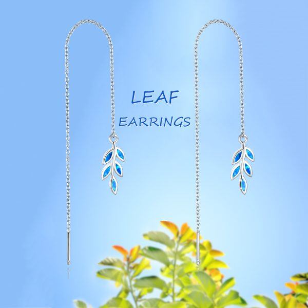 Sterling Silver Blue Opal Tree Leaves Threader Dangle Drop Earrings-2