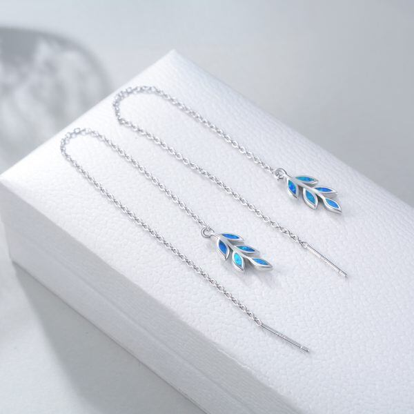 Sterling Silver Blue Opal Tree Leaves Threader Dangle Drop Earrings-4