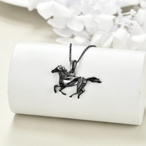 Sterling Silver Black Horse Pendant Necklace-4