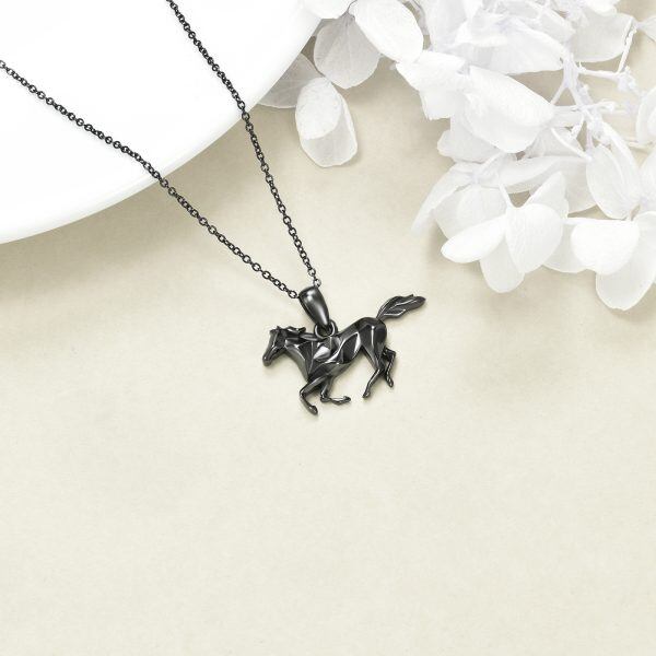 Sterling Silver Black Horse Pendant Necklace-5