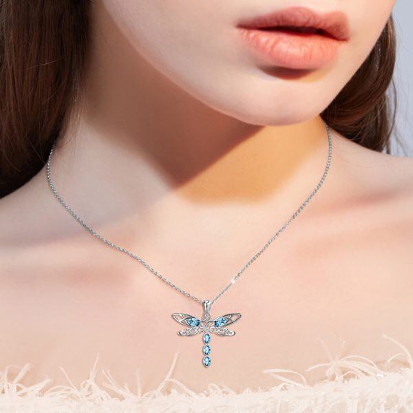 Sterling Silver Hollow Dragonfly Pendant Necklace With Crystal-3