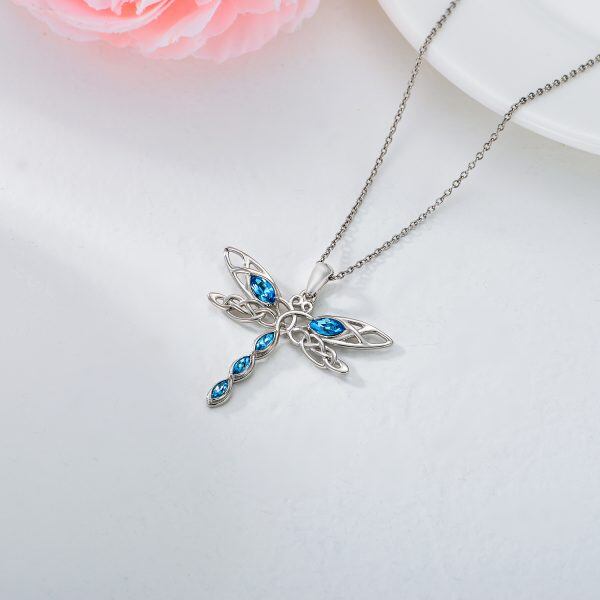 Sterling Silver Hollow Dragonfly Pendant Necklace With Crystal-5