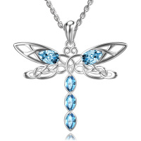 wholesale 925 Sterling Silver Blue Topaz Celtic Knot Dragonfly Pendant Necklace for Women- Rhodium Plated