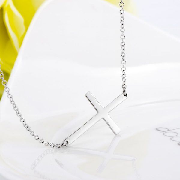 Sterling Silver Sideways Cross Pendant Necklace-3