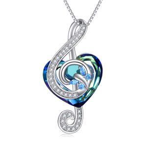 Sterling Silver Heart Crystal Music Note Butterfly Pendant Necklace-0