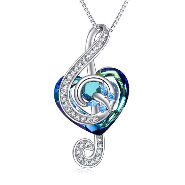 Sterling Silver Heart Crystal Music Note Butterfly Pendant Necklace-0