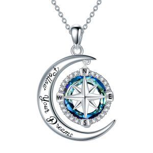 Sterling Silver Compass Moon Crystal Pendant Necklace-0