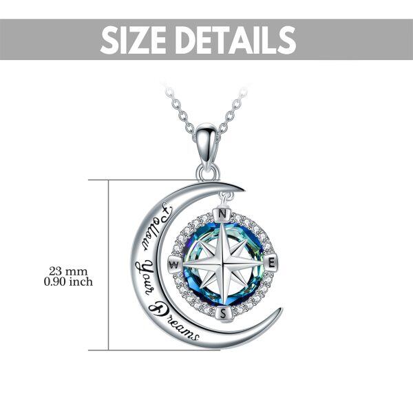 Sterling Silver Compass Moon Crystal Pendant Necklace-3