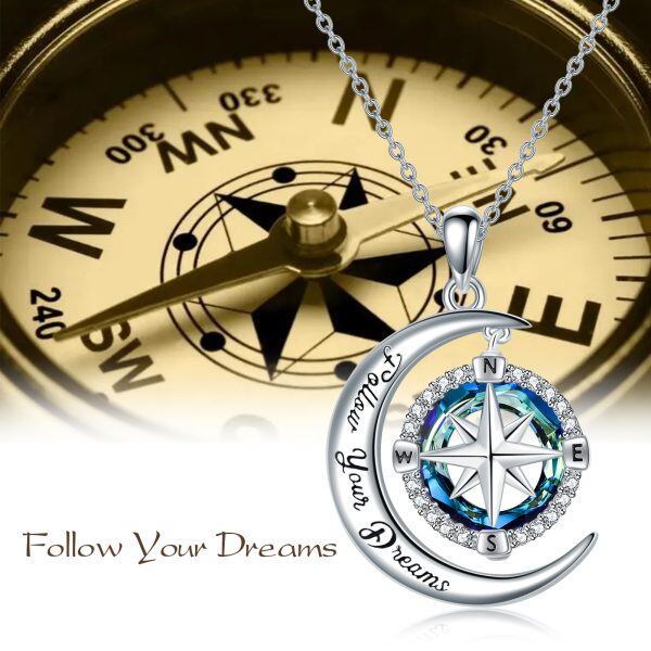 Sterling Silver Compass Moon Crystal Pendant Necklace-4