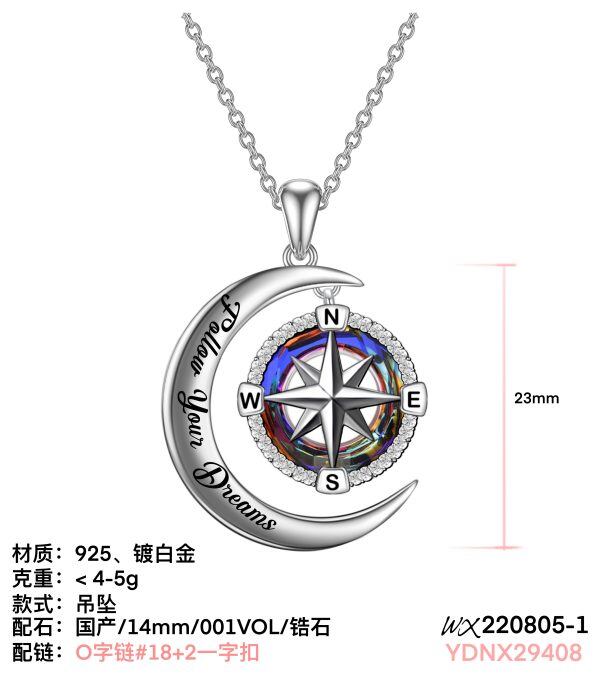 Sterling Silver Compass Moon Crystal Pendant Necklace-5