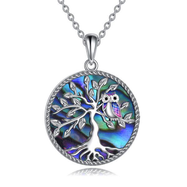 Sterling Silver Owl Tree Of Life Abalone Shell Pendant Necklace-0