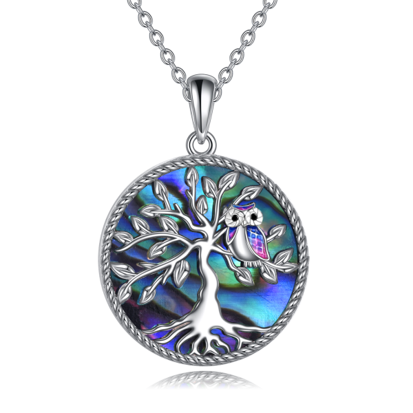 Sterling Silver Owl Tree Of Life Abalone Shell Pendant Necklace-1