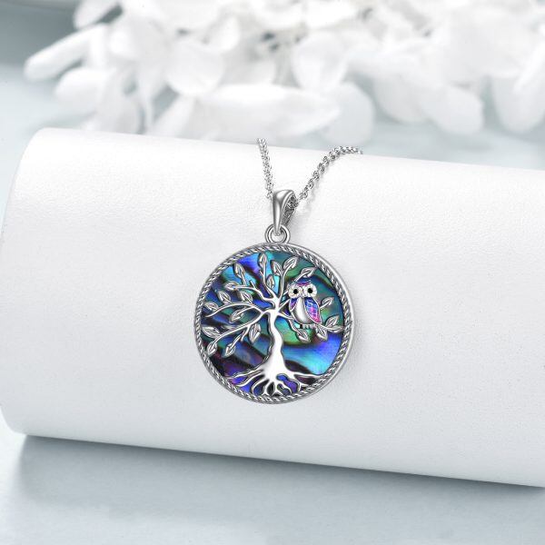 Sterling Silver Owl Tree Of Life Abalone Shell Pendant Necklace-2