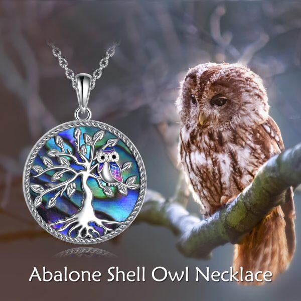 Sterling Silver Owl Tree Of Life Abalone Shell Pendant Necklace-5