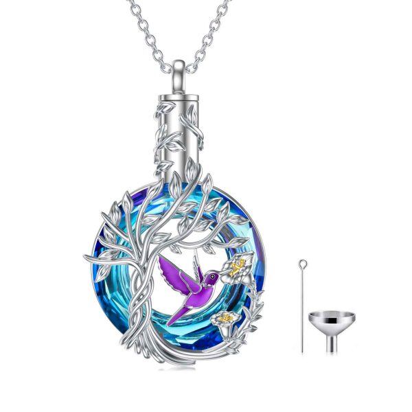 Sterling Silver Two-tone Crystal Hummingbird Tree Of Life Urn Necklace-0