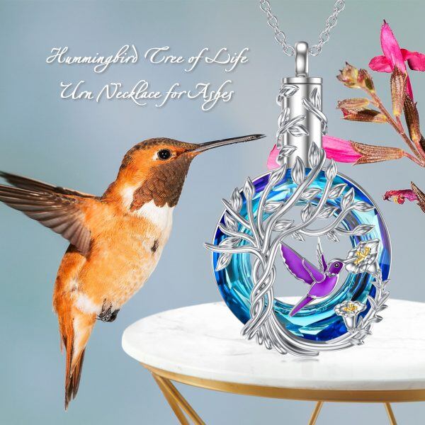 Sterling Silver Two-tone Crystal Hummingbird Tree Of Life Urn Necklace-2