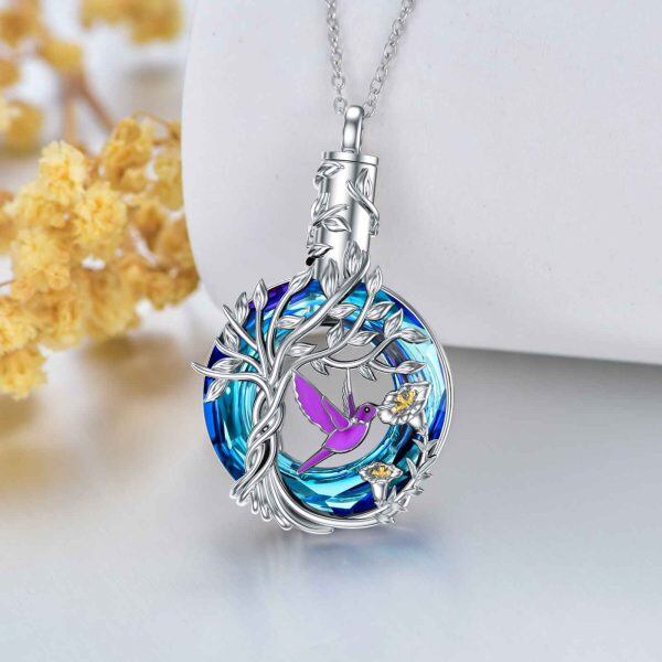 Sterling Silver Two-tone Crystal Hummingbird Tree Of Life Urn Necklace-4