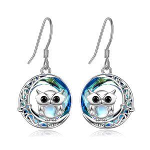 Sterling Silver Crystal Moonstone Owl Dangle and Drop Earrings-0