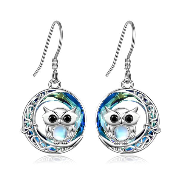 Sterling Silver Crystal Moonstone Owl Dangle and Drop Earrings-1