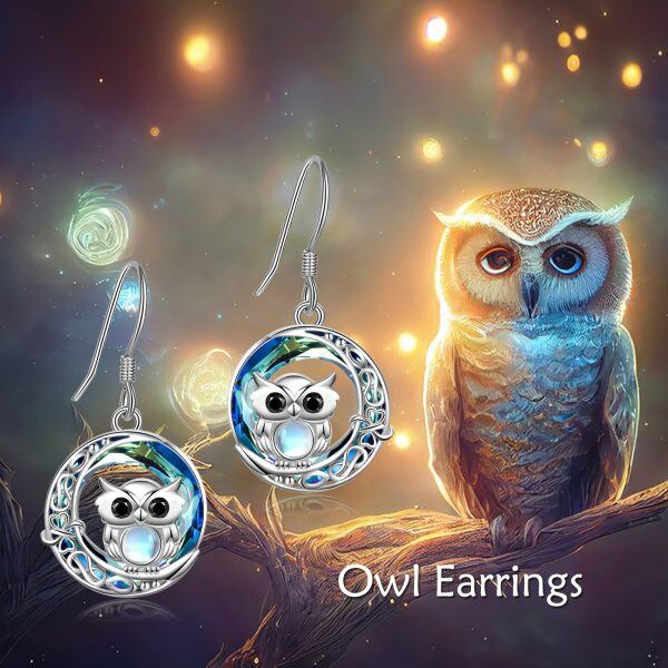 Sterling Silver Crystal Moonstone Owl Dangle and Drop Earrings-3