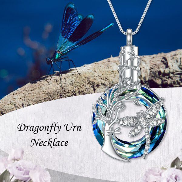 Sterling Silver Crystal Dragonfly Tree Of Life Urn Necklace-2