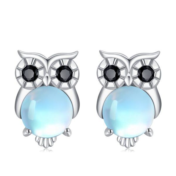 Sterling Silver Moonstone Owl Stud Earrings-0