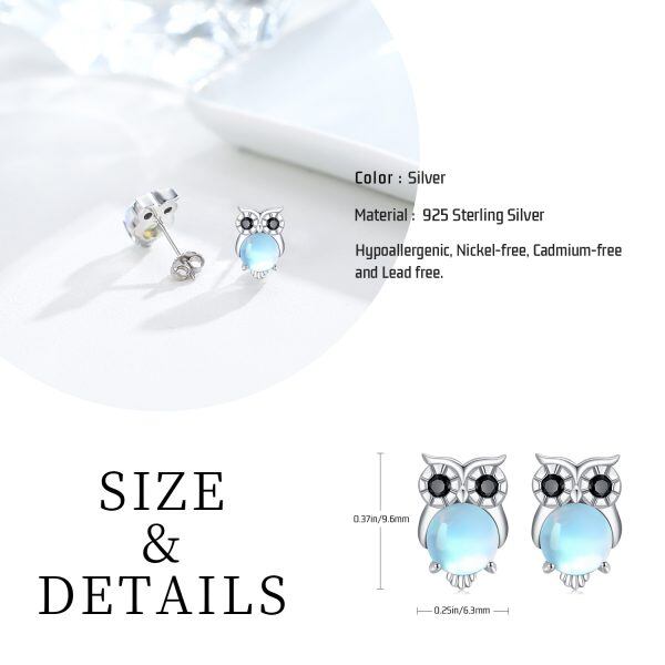 Sterling Silver Moonstone Owl Stud Earrings-1