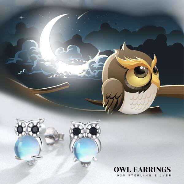 Sterling Silver Moonstone Owl Stud Earrings-2