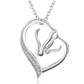 wholesale Sterling Silver Stone Double Horse Head Heart Pendant Necklace 45 7cm Gift for Women Girls - Rhodium Plated-0-5
