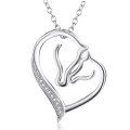 wholesale Sterling Silver Stone Double Horse Head Heart Pendant Necklace 45 7cm Gift for Women Girls - Rhodium Plated-0-11