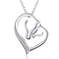 wholesale Sterling Silver Stone Double Horse Head Heart Pendant Necklace 45 7cm Gift for Women Girls - Rhodium Plated- Rhodium Plated