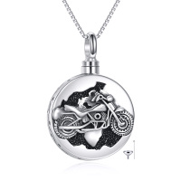 wholesale 925 Sterling Silver Motorcycle Round Cremation Jewelry Pendant with Funnel and Chain - Memorial Keepsake- Oxidized/Oxidised