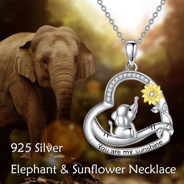 Sterling Silver Elephant Sunflower Heart Pendant Necklace-2